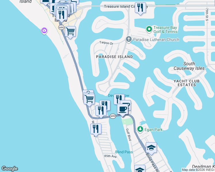 map of restaurants, bars, coffee shops, grocery stores, and more near 10001 South Yacht Club Drive in Treasure Island