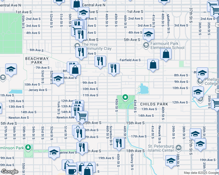 map of restaurants, bars, coffee shops, grocery stores, and more near 4510 9th Avenue South in St. Petersburg