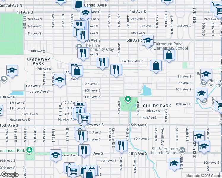 map of restaurants, bars, coffee shops, grocery stores, and more near 940 46th Street South in Saint Petersburg
