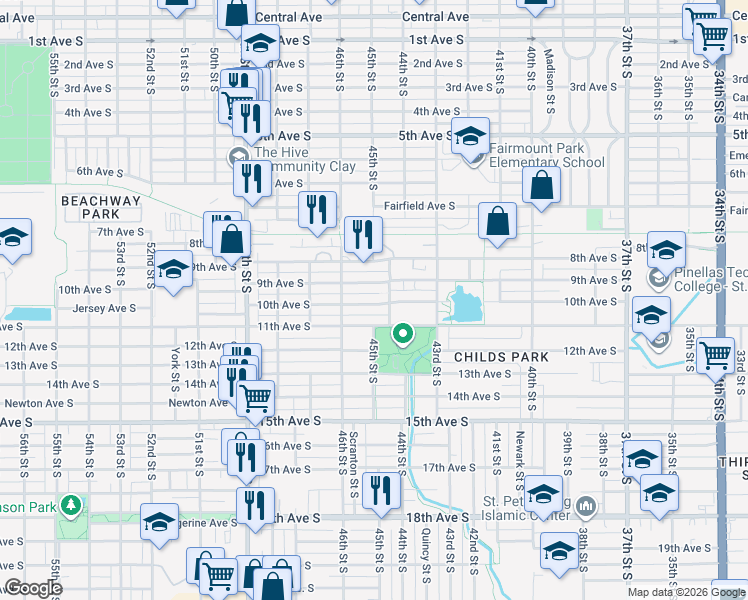map of restaurants, bars, coffee shops, grocery stores, and more near 4510 9th Avenue South in St. Petersburg
