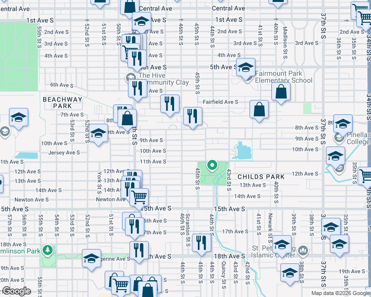 map of restaurants, bars, coffee shops, grocery stores, and more near 4510 9th Avenue South in St. Petersburg