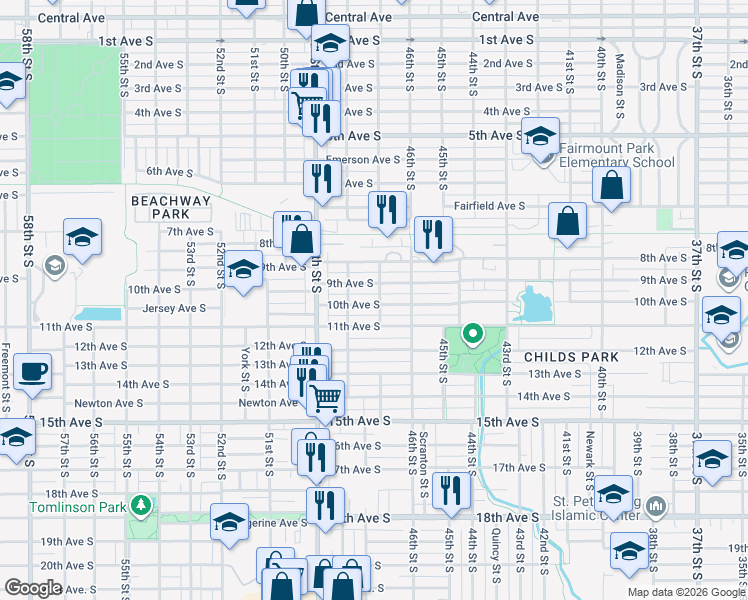 map of restaurants, bars, coffee shops, grocery stores, and more near 4742 9th Avenue South in St. Petersburg