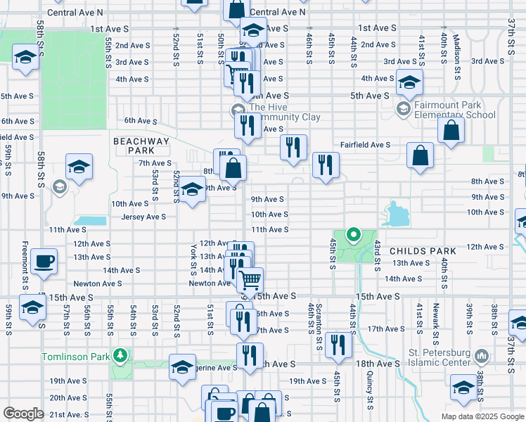 map of restaurants, bars, coffee shops, grocery stores, and more near 4742 9th Avenue South in St. Petersburg