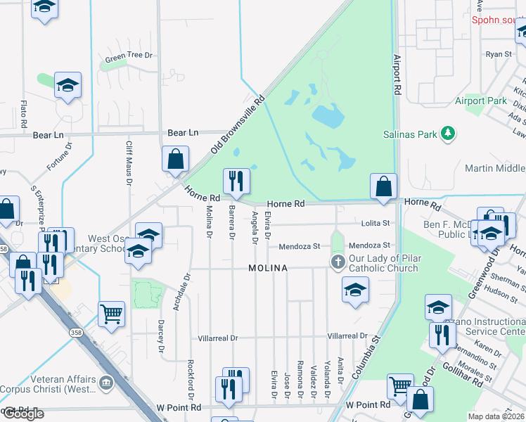 map of restaurants, bars, coffee shops, grocery stores, and more near 847 Horne Road in Corpus Christi