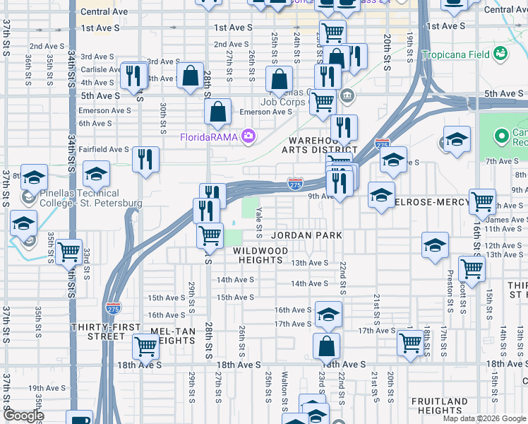 map of restaurants, bars, coffee shops, grocery stores, and more near 2542 Irving Avenue South in St. Petersburg