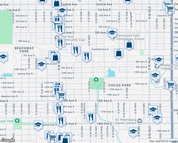 map of restaurants, bars, coffee shops, grocery stores, and more near 4510 9th Avenue South in St. Petersburg