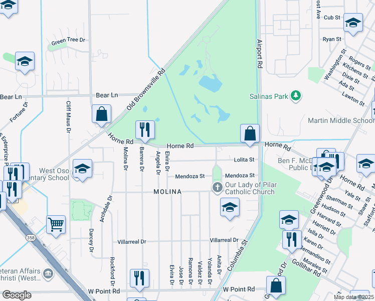 map of restaurants, bars, coffee shops, grocery stores, and more near 945 Horne Road in Corpus Christi