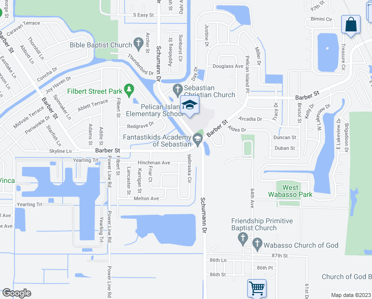map of restaurants, bars, coffee shops, grocery stores, and more near 1394 Schumann Drive in Sebastian