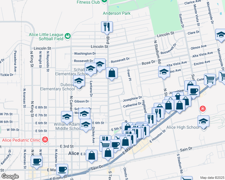 map of restaurants, bars, coffee shops, grocery stores, and more near 1115 Rose Ann Drive in Alice