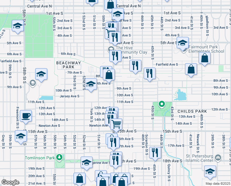 map of restaurants, bars, coffee shops, grocery stores, and more near 932 49th Street South in Gulfport