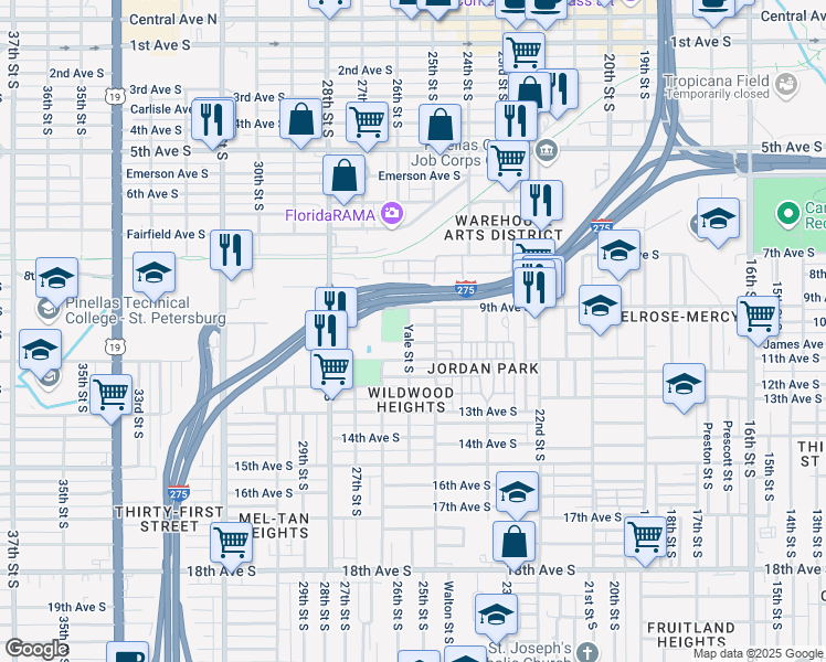 map of restaurants, bars, coffee shops, grocery stores, and more near 2550 Irving Avenue South in Saint Petersburg