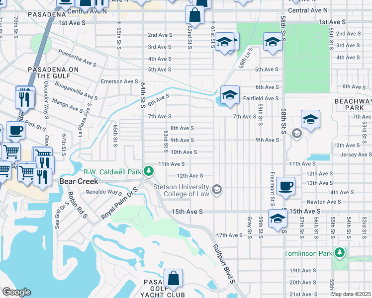 map of restaurants, bars, coffee shops, grocery stores, and more near 6207 10th Avenue South in Gulfport