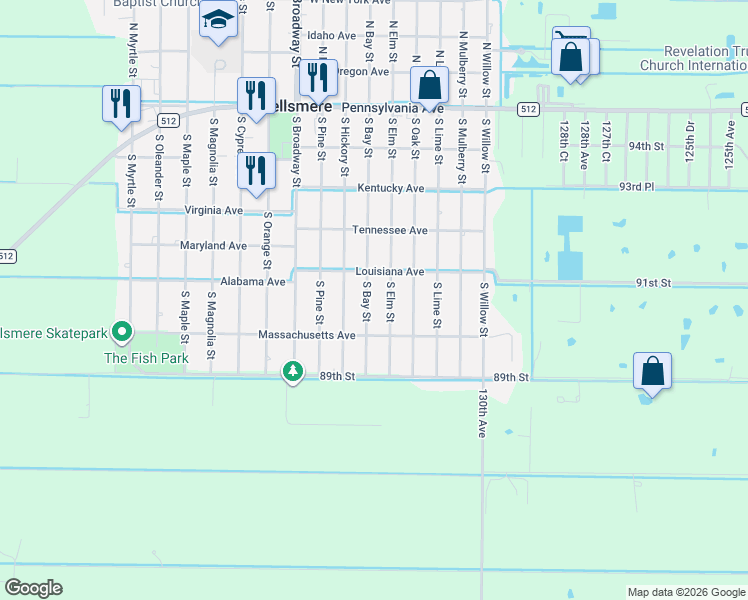 map of restaurants, bars, coffee shops, grocery stores, and more near 185 South Bay Street in Fellsmere