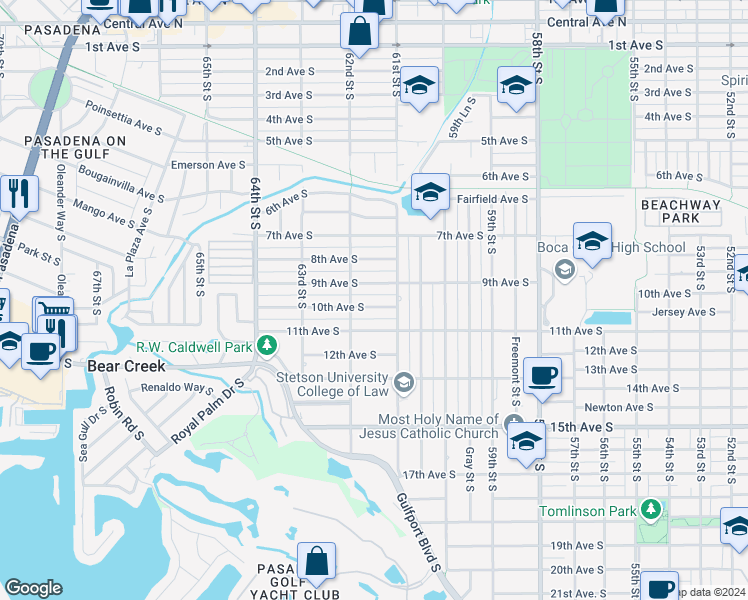 map of restaurants, bars, coffee shops, grocery stores, and more near 6125 10th Avenue South in Gulfport