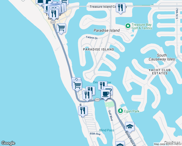 map of restaurants, bars, coffee shops, grocery stores, and more near 10069 South Yacht Club Drive in Treasure Island
