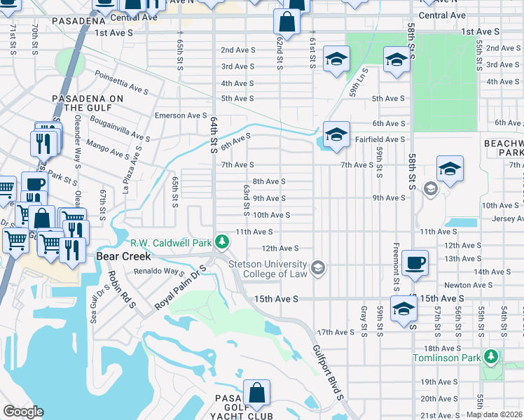 map of restaurants, bars, coffee shops, grocery stores, and more near 6251 10th Avenue South in Gulfport