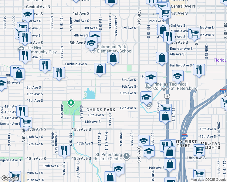 map of restaurants, bars, coffee shops, grocery stores, and more near 3953 10th Avenue South in St. Petersburg