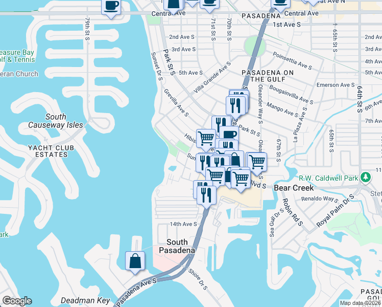 map of restaurants, bars, coffee shops, grocery stores, and more near 6983 Sunset Drive South in South Pasadena