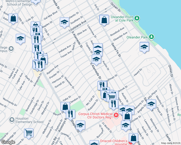 map of restaurants, bars, coffee shops, grocery stores, and more near 517 Chamberlain Street in Corpus Christi