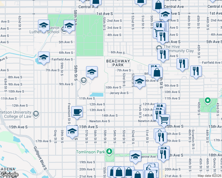 map of restaurants, bars, coffee shops, grocery stores, and more near 5410 10th Avenue South in Gulfport