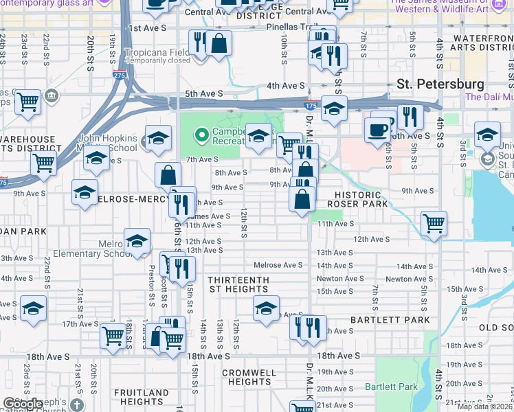 map of restaurants, bars, coffee shops, grocery stores, and more near 1110 10th Ave S in St Petersburg
