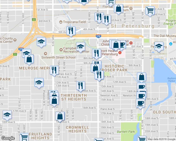 map of restaurants, bars, coffee shops, grocery stores, and more near 964 10th Avenue South in St. Petersburg