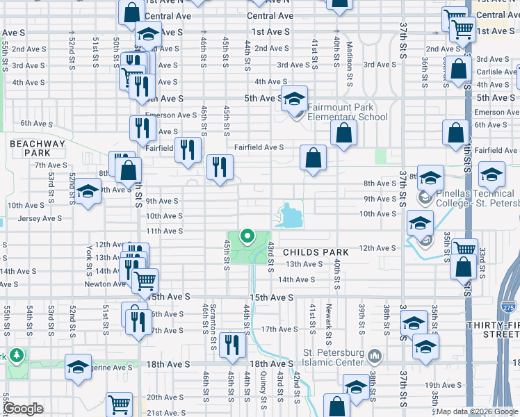 map of restaurants, bars, coffee shops, grocery stores, and more near 925 43rd Street South in St. Petersburg
