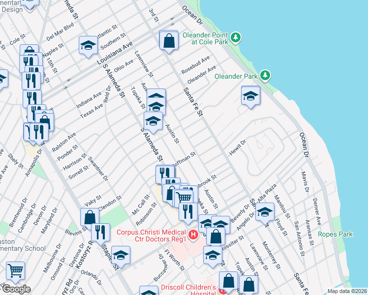 map of restaurants, bars, coffee shops, grocery stores, and more near 3025 Austin Street in Corpus Christi