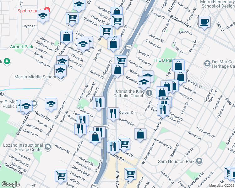 map of restaurants, bars, coffee shops, grocery stores, and more near 3611 South Port Avenue in Corpus Christi