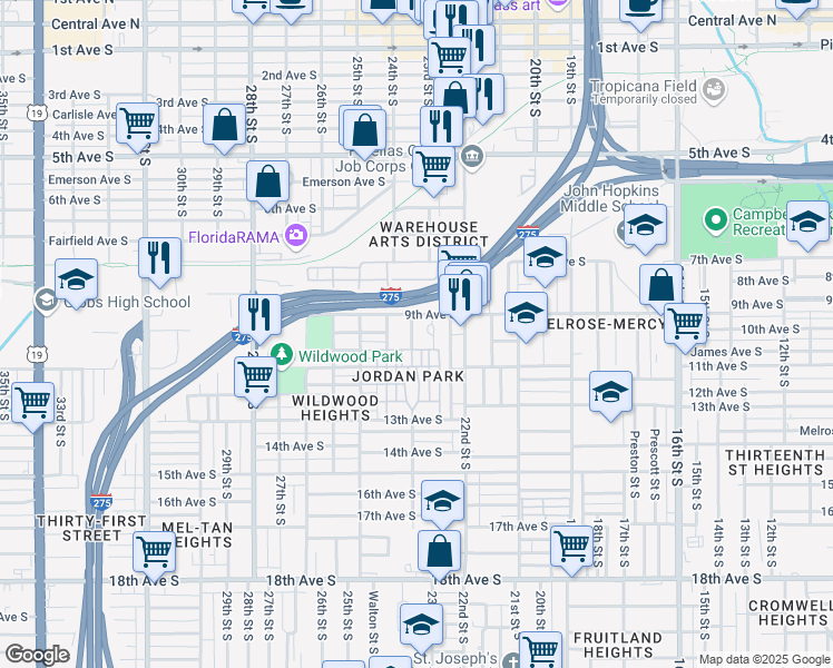 map of restaurants, bars, coffee shops, grocery stores, and more near 2338 Johnny Mack Place in St. Petersburg