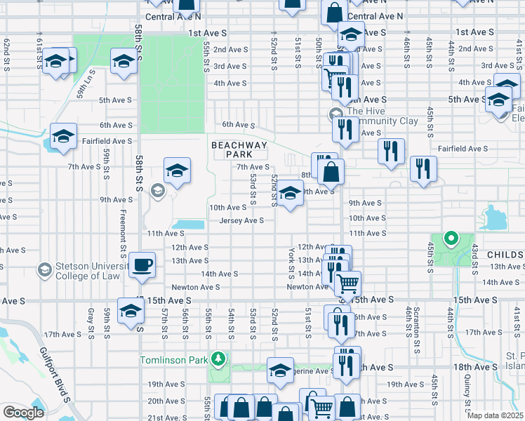 map of restaurants, bars, coffee shops, grocery stores, and more near 5218 10th Avenue South in Gulfport