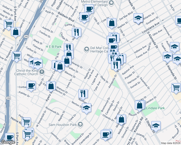 map of restaurants, bars, coffee shops, grocery stores, and more near 1217 York Avenue in Corpus Christi