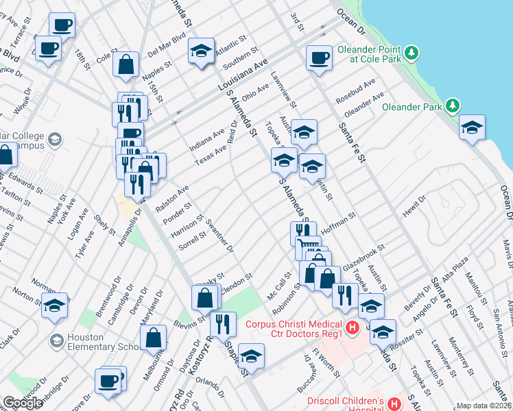 map of restaurants, bars, coffee shops, grocery stores, and more near 545 Deforrest Street in Corpus Christi