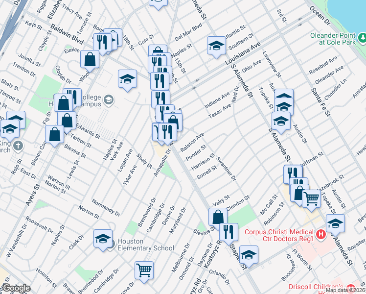 map of restaurants, bars, coffee shops, grocery stores, and more near 1032 Ralston Avenue in Corpus Christi