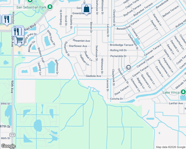 map of restaurants, bars, coffee shops, grocery stores, and more near 1698 Coral Reef Street in Sebastian