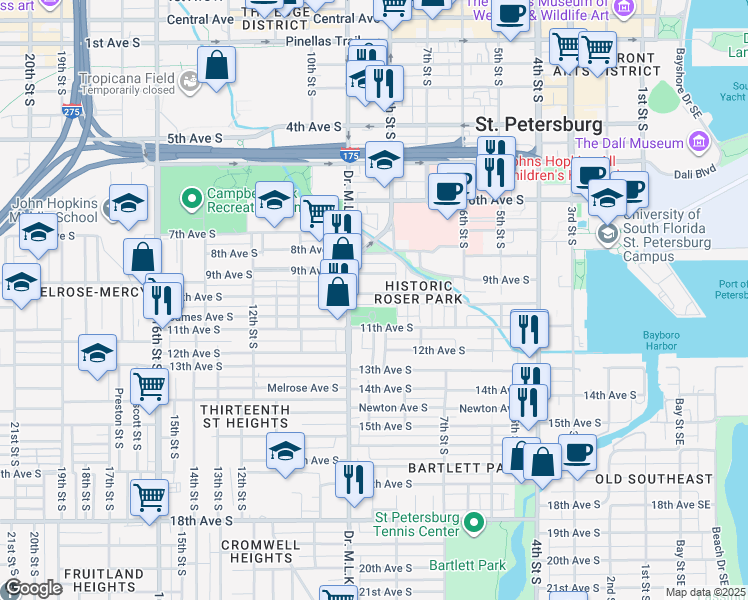 map of restaurants, bars, coffee shops, grocery stores, and more near 848 10th Ave S in St Petersburg