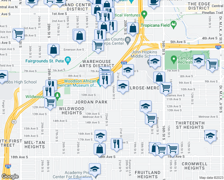 map of restaurants, bars, coffee shops, grocery stores, and more near 935 Union Street South in St. Petersburg