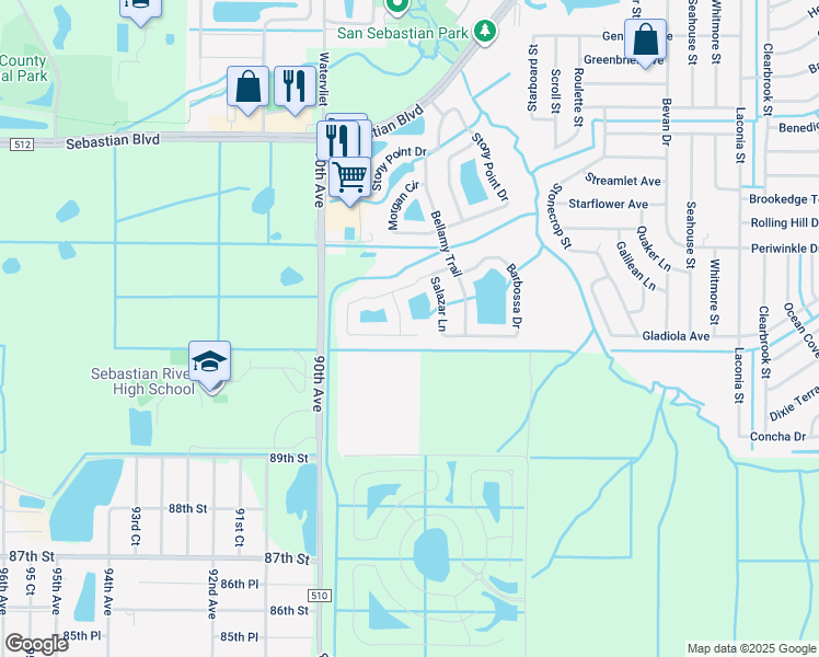 map of restaurants, bars, coffee shops, grocery stores, and more near 193 Port Royal Court in Sebastian