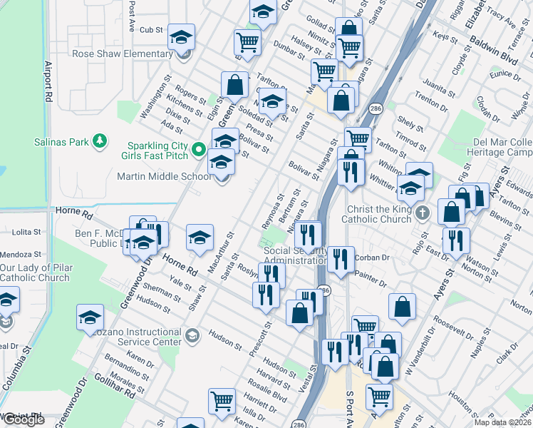 map of restaurants, bars, coffee shops, grocery stores, and more near 3809 Reynosa Street in Corpus Christi