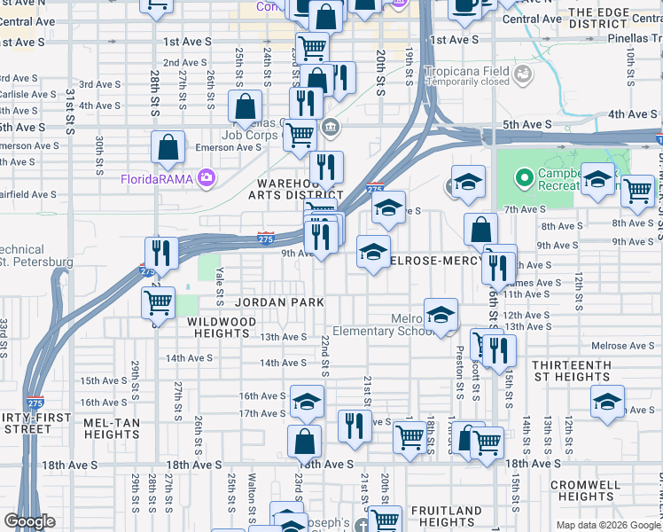 map of restaurants, bars, coffee shops, grocery stores, and more near 935 Union Street South in St. Petersburg