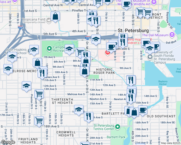map of restaurants, bars, coffee shops, grocery stores, and more near 878 10th Avenue South in Saint Petersburg