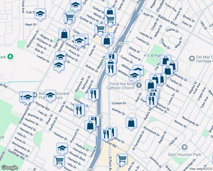 map of restaurants, bars, coffee shops, grocery stores, and more near 3611 South Port Avenue in Corpus Christi