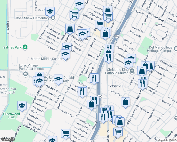 map of restaurants, bars, coffee shops, grocery stores, and more near 3746 Bertram Street in Corpus Christi