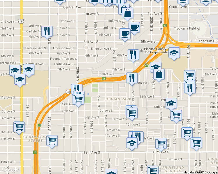 map of restaurants, bars, coffee shops, grocery stores, and more near 2427 Irving Avenue South in St. Petersburg