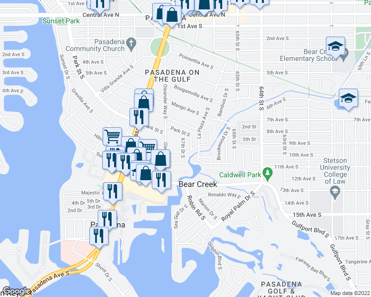 map of restaurants, bars, coffee shops, grocery stores, and more near 904 67th Street South in Saint Petersburg