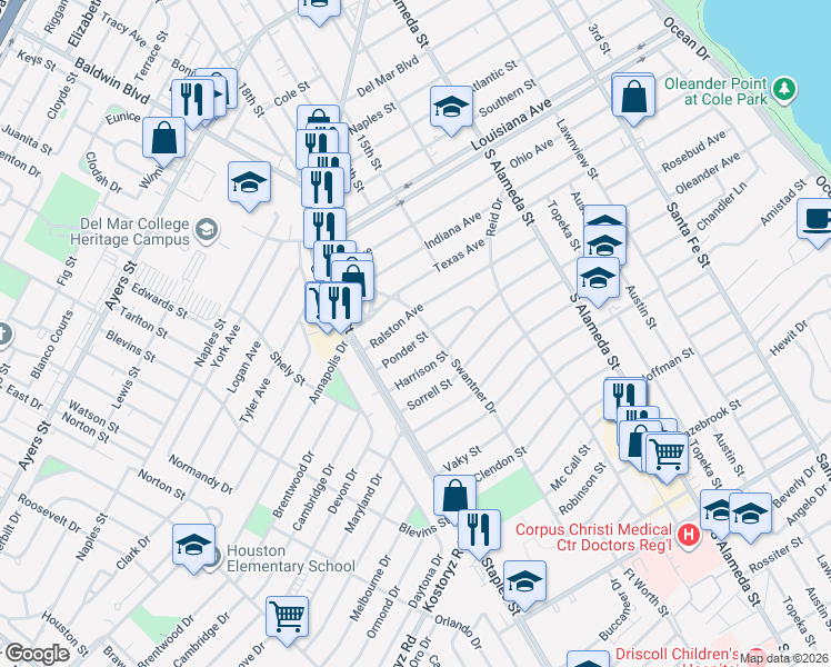 map of restaurants, bars, coffee shops, grocery stores, and more near 1010 Ponder Street in Corpus Christi