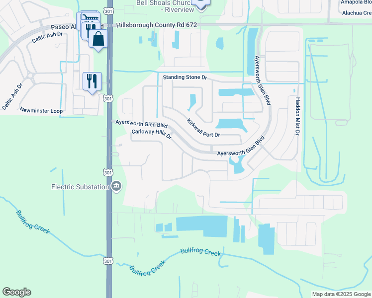 map of restaurants, bars, coffee shops, grocery stores, and more near 10818 Carloway Hills Drive in Wimauma