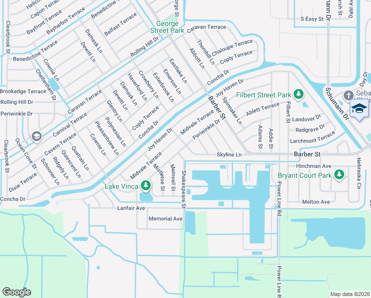 map of restaurants, bars, coffee shops, grocery stores, and more near 1743 Skyline Lane in Sebastian