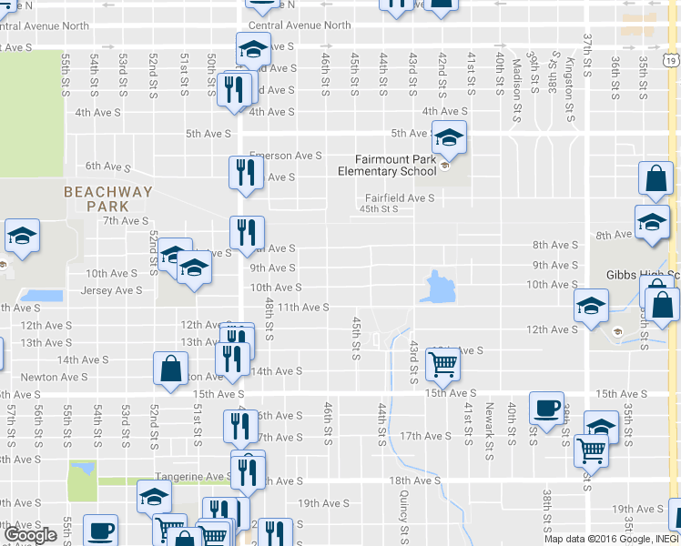 map of restaurants, bars, coffee shops, grocery stores, and more near 4510 9th Avenue South in St. Petersburg