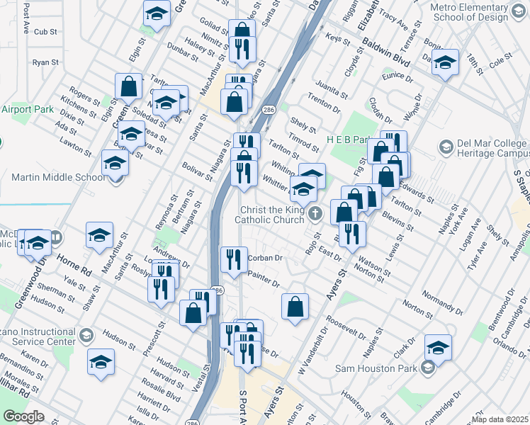 map of restaurants, bars, coffee shops, grocery stores, and more near 1737 Robin Drive in Corpus Christi